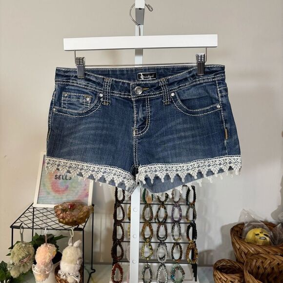 Soundgirl Dark Blue Jean Shorts with Lace Trim rockabilly low rise embellished - Picture 6 of 6